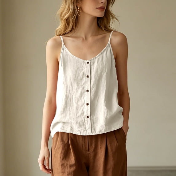 Uaswgudfs Women's Button Down Spaghetti Strap Tank Tops V Neck Loose Fit Casual Summer Cami Shirts