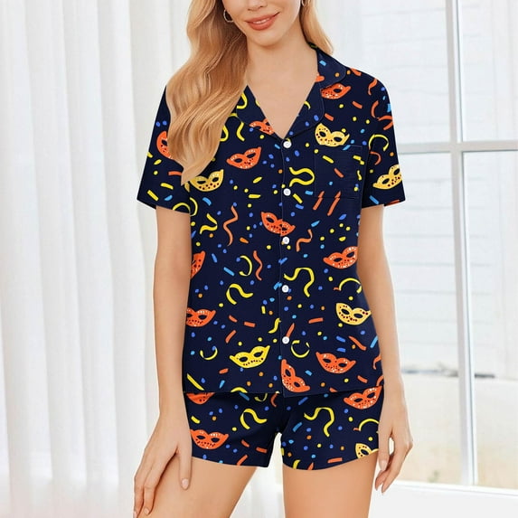 Uaswgudfs Women's Button Front Blouse Turn Down Collar Carnival Print Short Sleeve Short Pajama Set - Stretchy