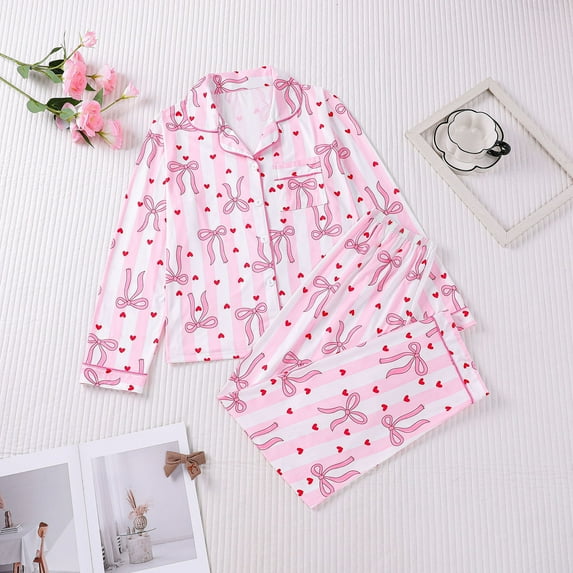 Uaswgudfs Women's Button Front Flip Collar Short Sleeve Pajama Set with Heart Print Elastic Waist Women's Pajama Set