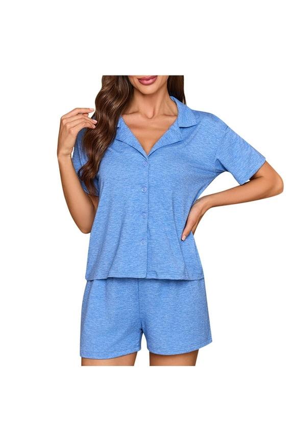 Women's Button Front Pajama Set - Lapel Short Sleeve, Loose Fit & Soft Fabric with Relaxed Pants