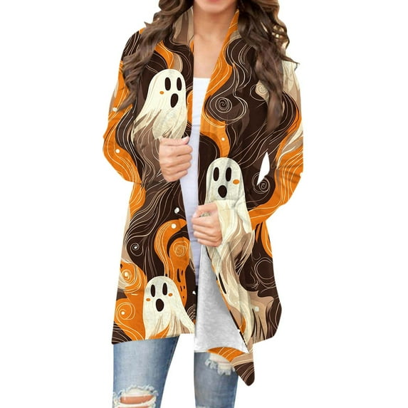 Uaswgudfs Women's Cardigan Autumn Spider Web Print Trench Coat - Relaxed Fit Open Front Shawl Collar Longline Asymmetrical Hem Overcoat