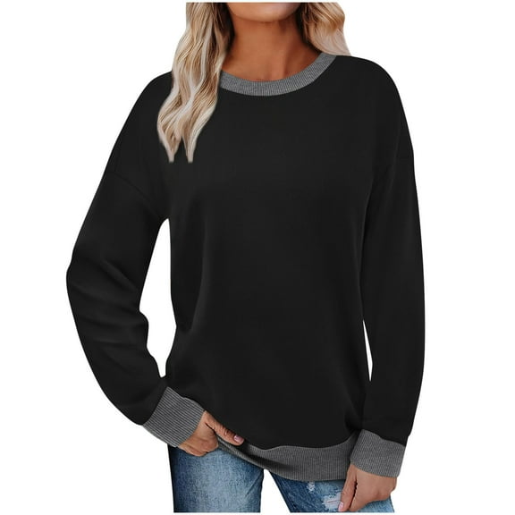 Uaswgudfs ​Women's Casual Blouses Crew Neck Long Sleeve Sweatshirt with Ribbed Cuffs Hem Soft Smooth Fabric Relaxed Fit Comfort Pullover for Daily Outfits Black M