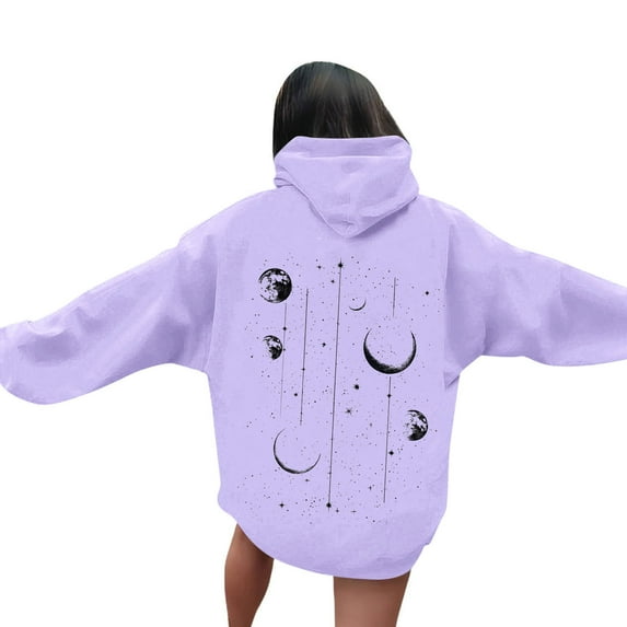 Uaswgudfs Women's Casual Blouses Hoodies Long Sleeve Pullover with Moon Phase Back Print Kangaroo Pocket Relaxed Fit Comfortable Sweatshirt Style for Everyday Fashion Purple M