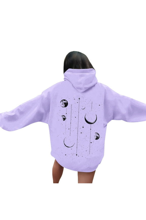 Women's Casual Blouses Hoodies Long Sleeve Pullover with Moon Phase Back Print Kangaroo Pocket Relaxed Fit Comfortable Sweatshirt Style for Everyday Fashion Purple S