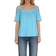 thumbnail image 1 of Uaswgudfs Women's Casual Cold Shoulder Off Shoulder Open Shoulder Shirt Lace Spliced Short Sleeve Loose Fit Blouse Blue 2XL, 1 of 6