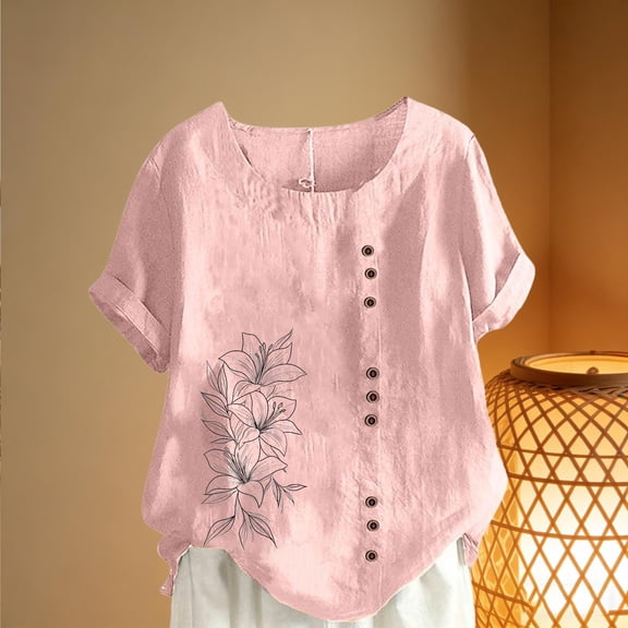 Uaswgudfs Women's Casual Floral Print Short Sleeve Top - Ladies Fashion Button T-Shirt, Womens Relaxed Fit Blouse Pink 3XL