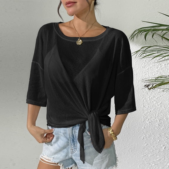 Uaswgudfs Women's Casual Loose Fit Crew Neck Pullover Tie Hem T Shirt – Daily Top Women's Loose Fit Tops, Women's Tie Hem T Shirts Black L