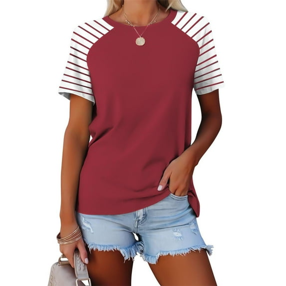 Uaswgudfs Women's Casual Loose Fit Short Sleeve Blouse - Summer Going Out Top with Raglan Sleeve & Striped Design