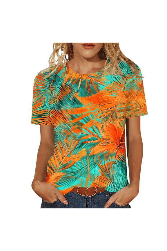 Women's Casual Loose Fit Striped O Neck Short Sleeve T Shirt Top, Color Block Gradient Summer Tee for Women Orange L