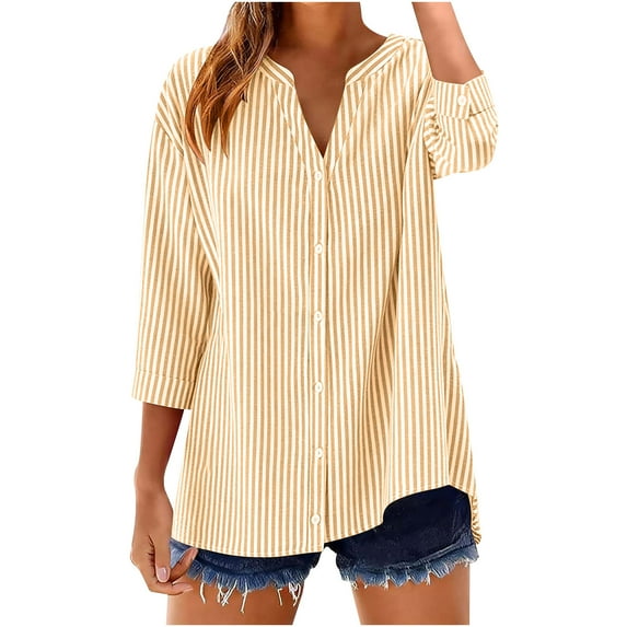 Uaswgudfs Women's Casual Loose Fit Striped V - neck 3/4 Sleeve Button Front Blouse Top Shirt for Women Casual Summer Outfit Yellow S