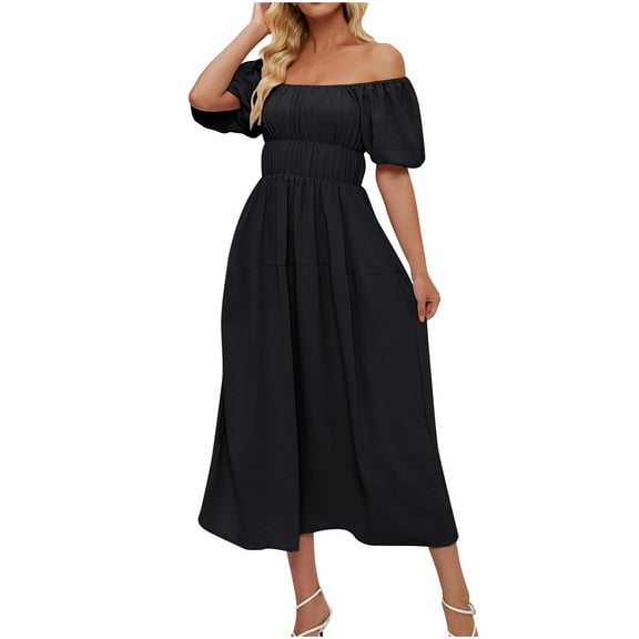 Uaswgudfs Women's Casual Off-Shoulder Short Sleeve Midi Dress - Ruched Waist & Flowy A-Line Skirt Breezy Soft Fabric Black L