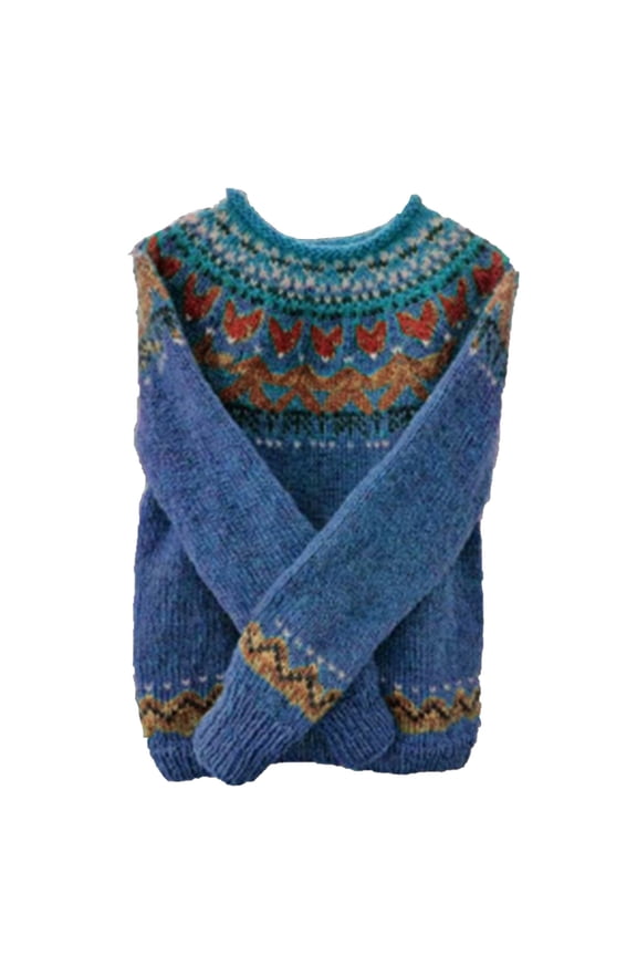 Women's Casual Pullover Retro Printed Raglan Long Sleeve Knit Crew Neck Sweater, Trendy Cotton Blend Top, Walmart Popular Women's Fashion Sweater Blue 2XL