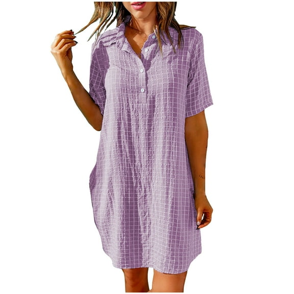 Uaswgudfs Women's Casual Relaxed Fit Short Sleeve Midi Dress - Button-Front Gingham & Breathable Lightweight Summer Everyday Chic Purple 2XL