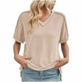 thumbnail image 1 of Uaswgudfs Women's Casual Ribbed Trim V-Neck Blouse T-Shirt - Loose Fit Short Sleeve Solid Color Top, 1 of 6
