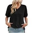 thumbnail image 1 of Uaswgudfs Women's Casual Ribbed Trim V-Neck Blouse T-Shirt - Loose Fit Short Sleeve Solid Color Top, 1 of 7