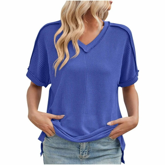 Uaswgudfs Women's Casual Ribbed Trim V-Neck Blouse T-Shirt - Loose Fit Short Sleeve Solid Color Top