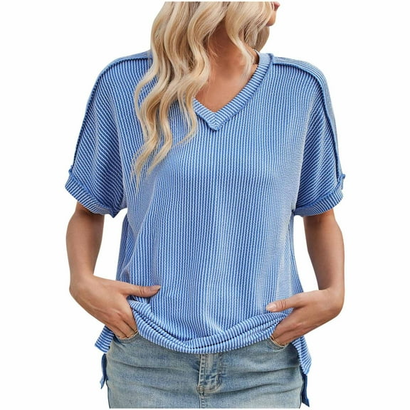 Uaswgudfs Women's Casual Ribbed Trim V-Neck Blouse T-Shirt - Loose Fit Short Sleeve Solid Color Top