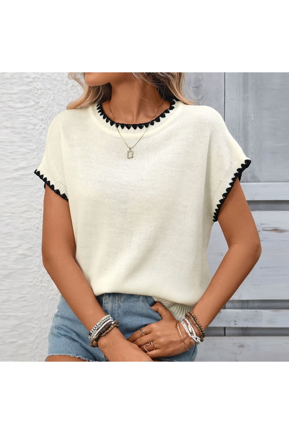 Women's Casual Round Neck Pullover Short Sleeve Tops - Fashion Everyday Blouses, Trendy Ruffle Trim Tees White M
