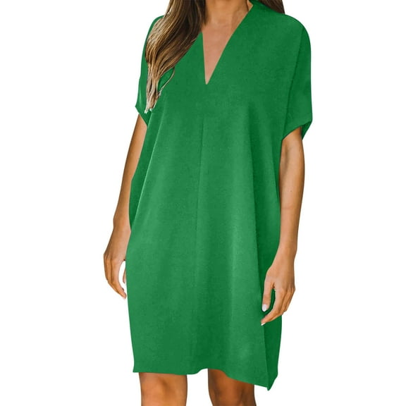 Uaswgudfs Women's Casual Short Sleeve Midi Dress​ - Relaxed Fit V-Neck Summer Design with Clean Lines, Effortless Everyday Wear Green 2XL