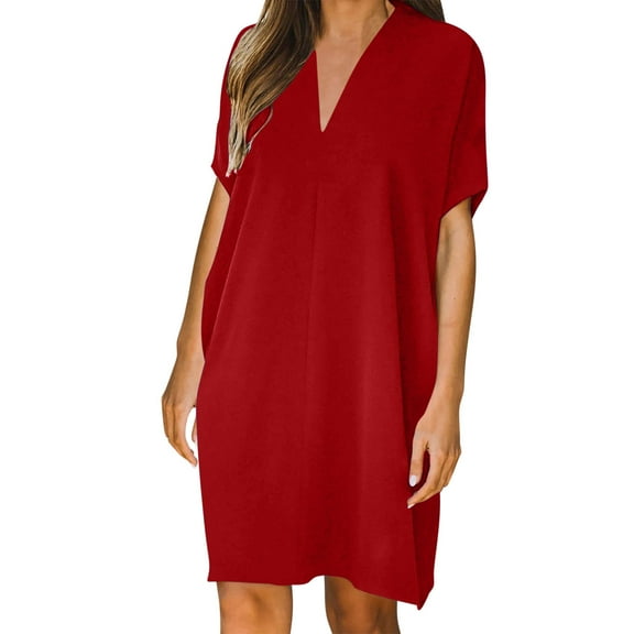Uaswgudfs Women's Casual Short Sleeve Midi Dress​ - Relaxed Fit V-Neck Summer Design with Clean Lines, Effortless Everyday Wear Red 2XL