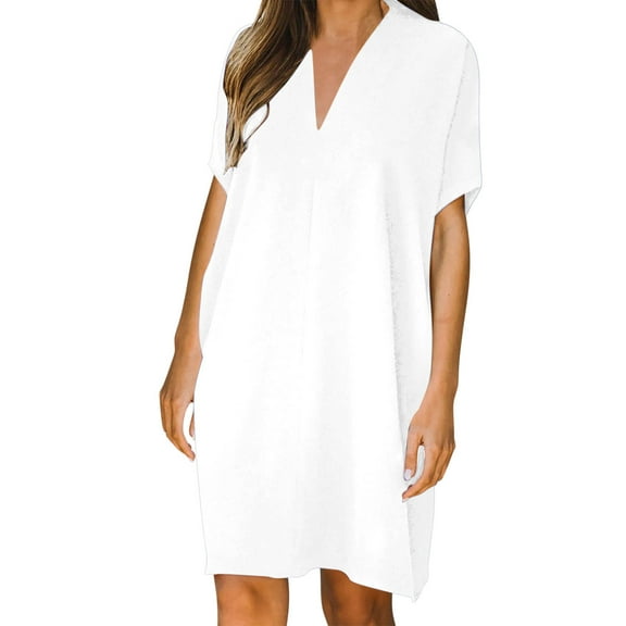 Uaswgudfs Women's Casual Short Sleeve Midi Dress - Relaxed Fit V-Neck Summer Design with Clean Lines, Effortless Everyday Wear White S