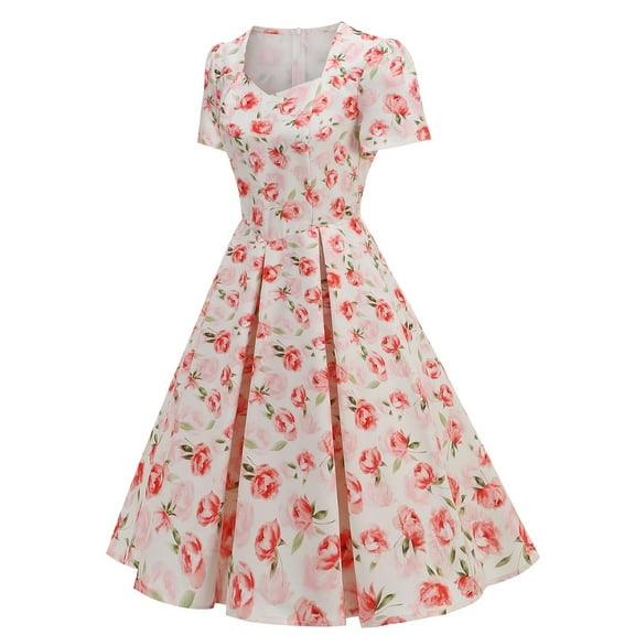 Uaswgudfs Women's Casual Short Sleeve Midi Dress - Summer Floral Print A-Line with Square Neckline & Cinched Waist, Flowy Fabric Pink L