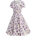 thumbnail image 1 of Uaswgudfs Women's Casual Short Sleeve Midi Dress​ - Summer Floral Print A-Line with Square Neckline & Cinched Waist, Flowy Fabric Purple S, 1 of 9