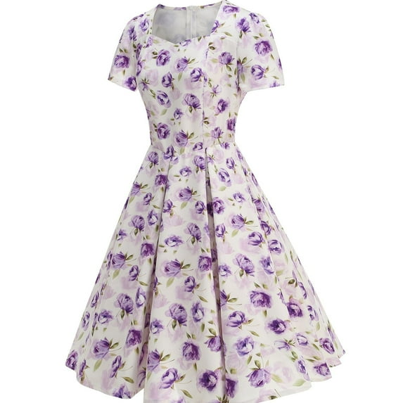 Uaswgudfs Women's Casual Short Sleeve Midi Dress - Summer Floral Print A-Line with Square Neckline & Cinched Waist, Flowy Fabric Purple S