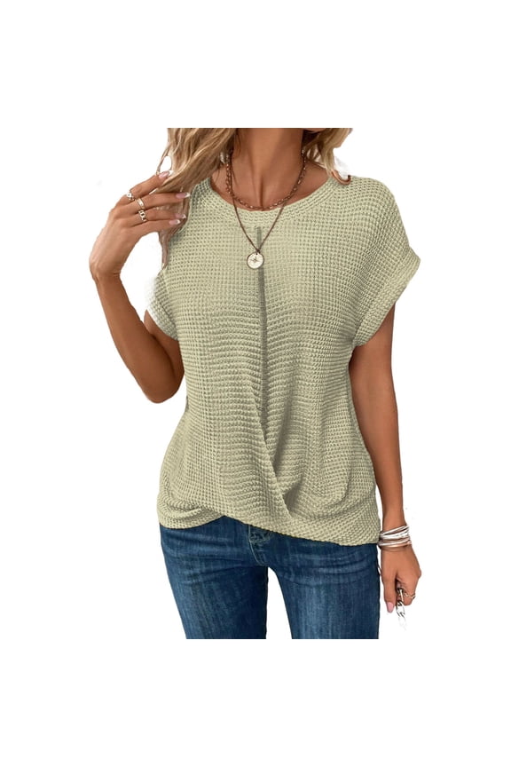 Women's Casual Short Sleeve Round Neck Solid Color Knit Top with Side Twist, Loose Fit Shirt Blouse Green M