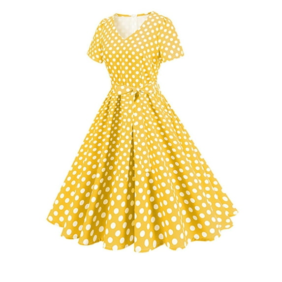 Uaswgudfs Women's Casual Short Sleeve V-Neck Midi Dress - Summer A-Line Design with Belted Bow & Polka Dot Grid Pattern, Everyday Wear Yellow XL