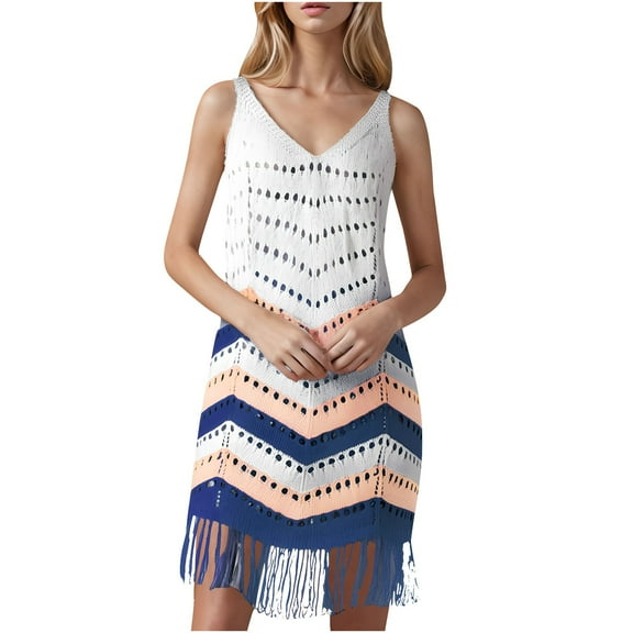 Uaswgudfs ​Women's Casual Short Sleeve V-Neck Midi Dress​ - Summer Boho A-Line Design with Eyelet Fabric, Fringe Trim & Tiered Accents Blue L