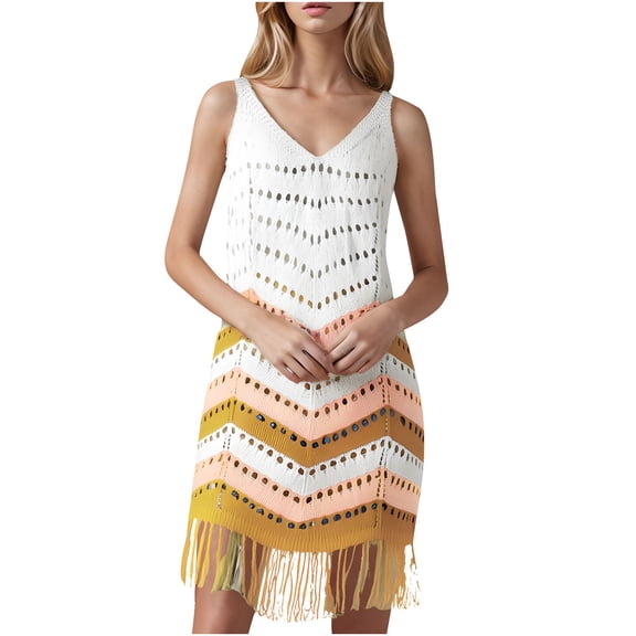 Uaswgudfs ​Women's Casual Short Sleeve V-Neck Midi Dress​ - Summer Boho A-Line Design with Eyelet Fabric, Fringe Trim & Tiered Accents Yellow 2XL