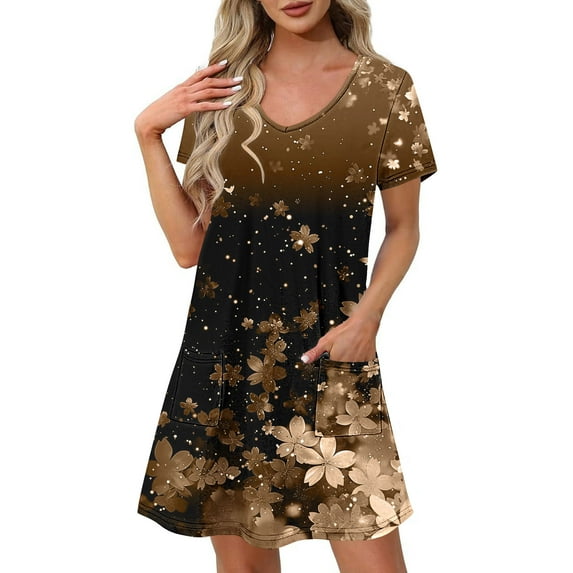 Uaswgudfs Women's Casual Short Sleeve V-Neck Midi Dress - Summer Floral Motif & Functional Pockets, Soft Fabric A-Line Coffee L