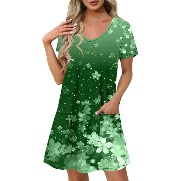 Uaswgudfs Women's Casual Short Sleeve V-Neck Midi Dress​ - Summer Floral Motif & Functional Pockets, Soft Fabric A-Line Green S