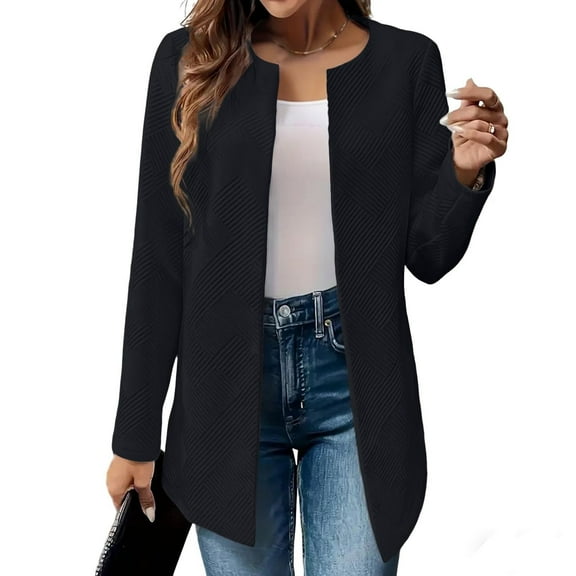Uaswgudfs Women's Casual Solid Color Pocket Cardigan Sweater Jacket, Long Sleeve Open Front Leisure Outerwear, Stylish Coat for Daily & Office Casual Outfits Black XL