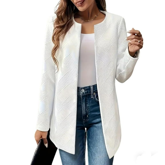 Uaswgudfs Women's Casual Solid Color Pocket Cardigan Sweater Jacket, Long Sleeve Open Front Leisure Outerwear, Stylish Coat for Daily & Office Casual Outfits White XL
