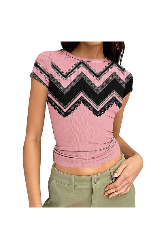 Women's Casual Star Print Round Neck Slim Fit Bodycon Knit Short Sleeve T Shirt, Daily Basic Top Pink M