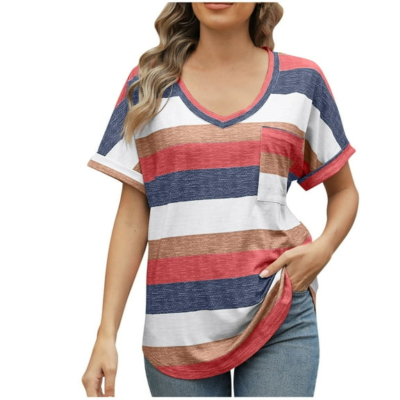 Uaswgudfs Women's Casual Striped V-Neck Pocket T-Shirt - Summer Leisure Short Sleeve Blouse Top