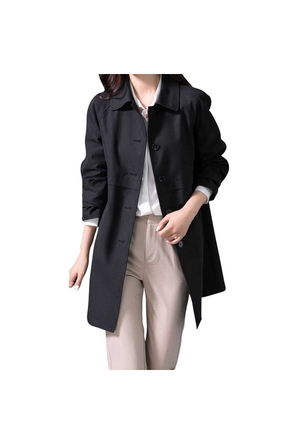 Women's Casual Trench Coat Lapel Button Long Sleeve Outerwear with Pockets Black XL