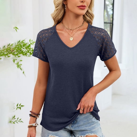 Uaswgudfs Women's Casual V-Neck Short Sleeve Top – Stylish Solid Color Pullover Blouse Ladies Comfortable Daily Wear Fashion Outfit for Spring Summer Navy XL