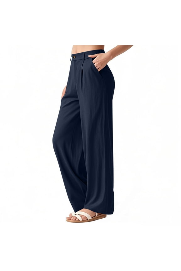 Women's Casual Wide - Leg Pants with Pockets High Waist Work Trousers for Office & Weekend Dress Pants Blue M