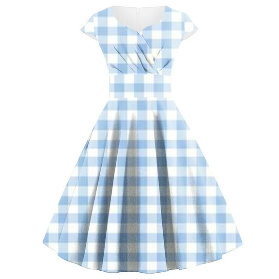 Uaswgudfs Women's Checkered Crossover Short Sleeve Summer Dress - 2023 A-Line Lightweight Design for Casual Chic & Warm-Weather Comfort Blue L