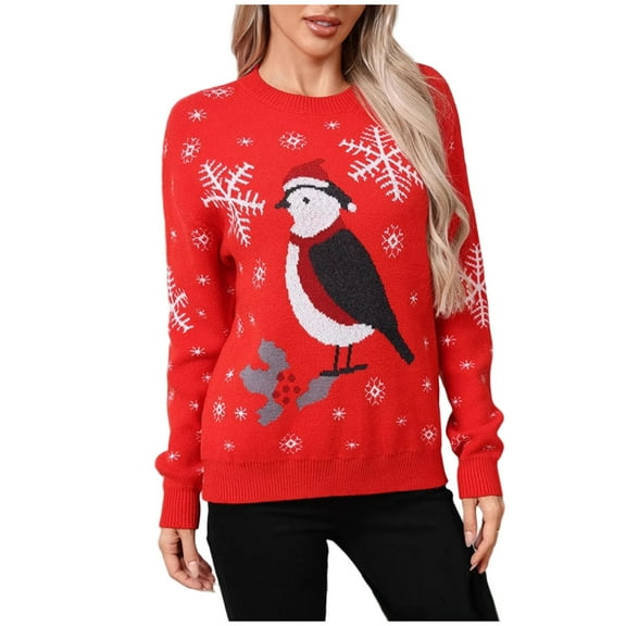 Uaswgudfs Women's Christmas Crew Neck Long Sleeve Casual Pullover Sweater, Acrylic Knit Bird & Snowflake Holiday Top for Women – Walmart Trendy Festive Season Must-Have Red M