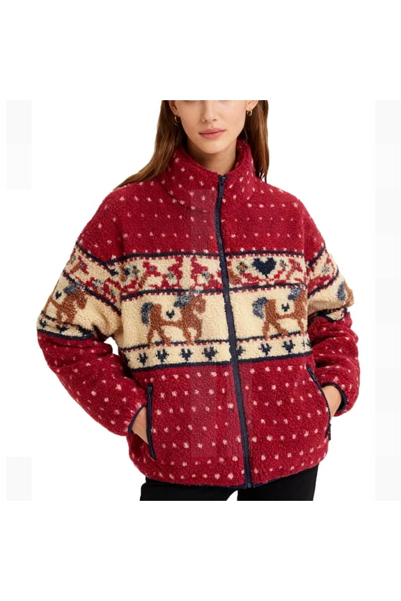 Women's Christmas Fleece Coat Festive Reindeer Pattern Long Sleeve Zipper Pocket Warm Winter Jacket for Women Red S