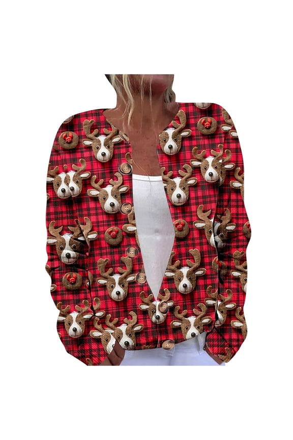 Women's Christmas Long Sleeve Reindeer Plaid Printed Button-Down Knit Cardigan, Festive Holiday Casual Loose Outerwear Top for Women - Cute Reindeer Checkered Design 4XL
