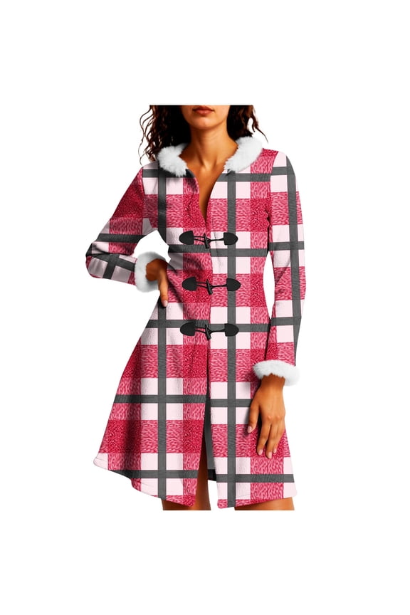 Women's Christmas Plaid Duffle Coat with Faux Fur Collar, Flannel Long Sleeve Loose Casual Jacket - Festive Outerwear Pink 2XL