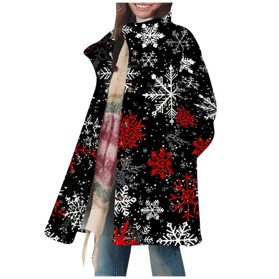 Uaswgudfs Women's Christmas Snowflake Fleece Coat Casual Warm Button-Down Lapel Long Sleeve Loose Winter Holiday Outerwear Jacket Red XL