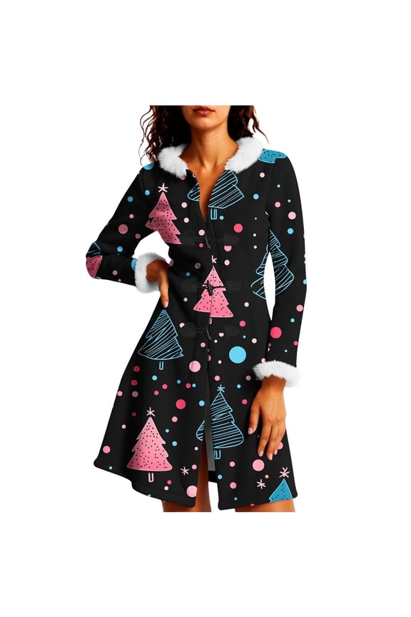 Women's Christmas Tree Printed Flannel Coat with Faux Fur Collar, Toggle Button Long Sleeve Hooded Outerwear - Festive Winter Fashion Jacket L