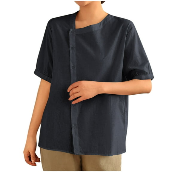 Uaswgudfs Women's Classic Short Sleeve Button-Front Blouse: Relaxed Fit Rolled Cuff Top with Lightweight Summer Fabric Black L