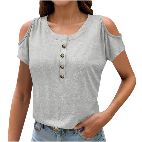 Uaswgudfs Women's Cold Shoulder Blouse & Henley Tee, Casual Basic Off Shoulder Open Shoulder Short Sleeve Tops